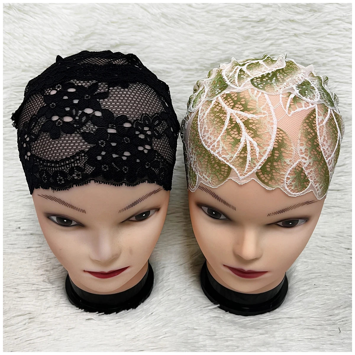 Gorro elástico de encaje calado de franela para mujer, gorra con cruz frontal, pañuelo musulmán, tocado de perlas estilo nacional indio