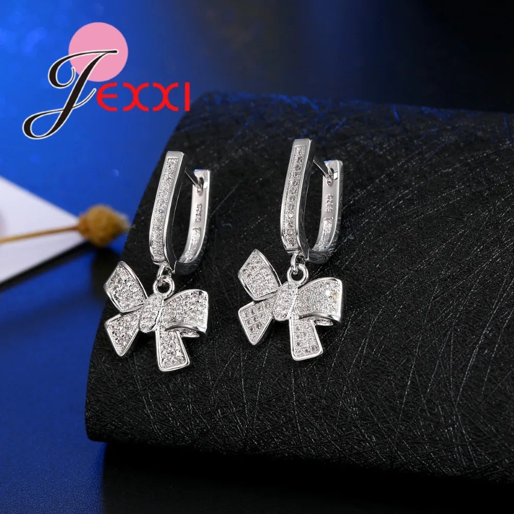 Conjuntos de joyas clásicos para mujer con lazo, circonitas y diamantes de imitación, pendientes de collar llamativo de plata de ley 925