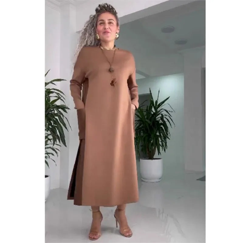 Elegante Vestido Marrón de Otoño Moda Cuello Redondo Manga Larga Retales Abertura Lateral Ropa Urbana Vestidos con Bolsillos Para Mujer Vestidos Nuevos