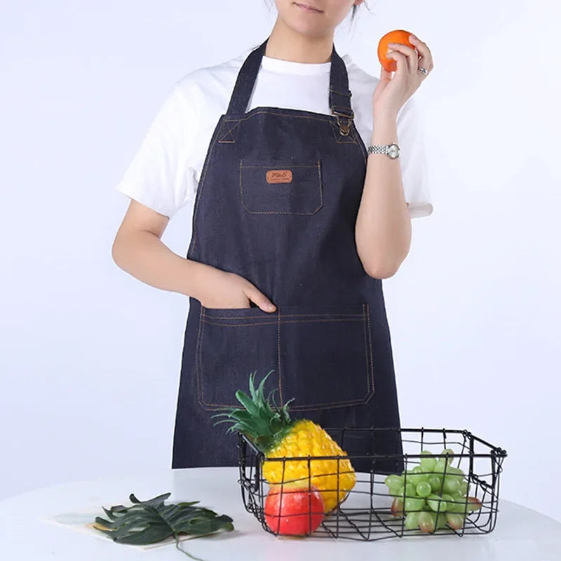 Kitchen Apron Unisex Denim Aprons Adjustable Men Women Apron with Pocket Chefs Cooking Baking Home Cleaner Tool Halter