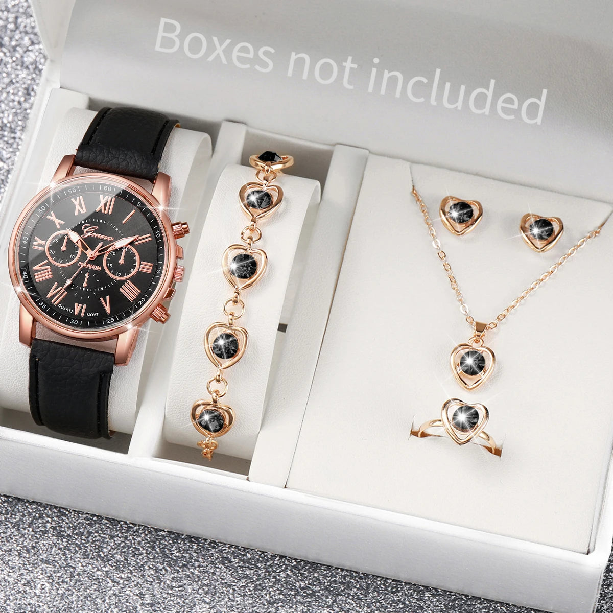 5/6PCS Reloj de cuarzo de moda para mujer, correa de cuero, relojes de pulsera analógicos, conjunto de joyas con corazón de diamantes de imitación (sin caja)