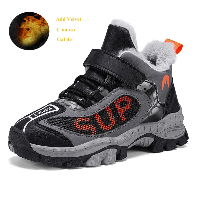 Winter Plus Velvet Hiking Shoes For Kids Non-slip Platform High Top Sports Shoes Boys Outdoor Warm Plush Children's Sneakers