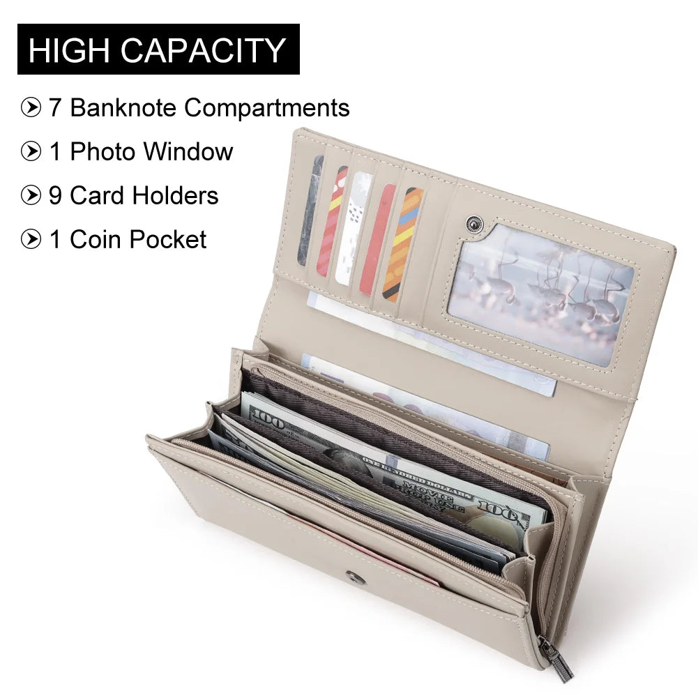 Portefeuille de luxe pour femme, en cuir véritable, avec emplacements pour cartes RFID, porte-monnaie multifonction