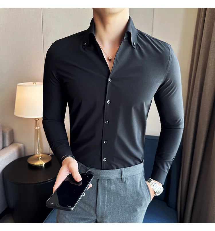 Camisa de vestir de hombre Otoño Estilo británico Liso Casual Ajustado Formal Camisas Cuello en V Manga Larga Camisa Ropa de hombre Streetwear