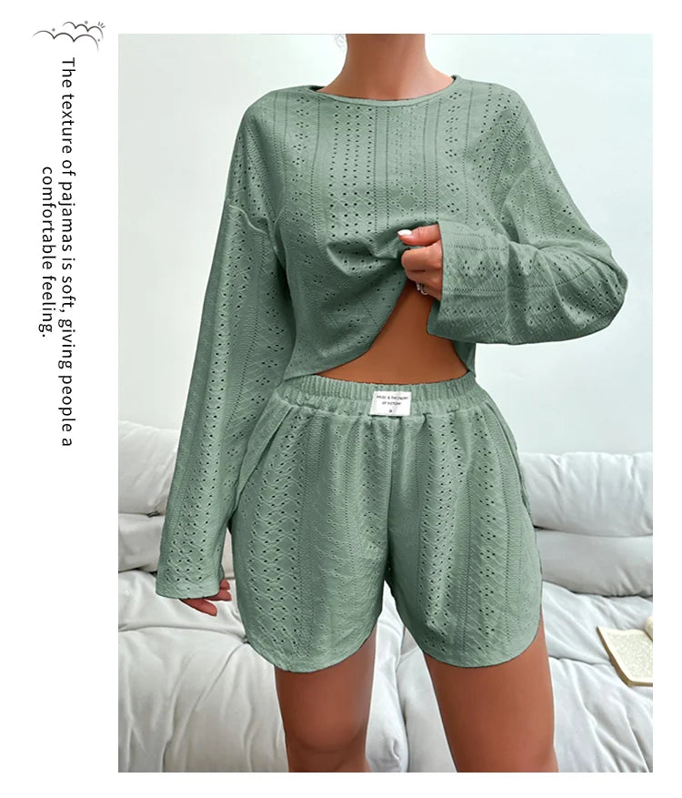 Conjunto de pijama para mujer, ropa de dormir, ropa de descanso, otoño, suave y cómodo, tops de manga larga con pantalones cortos, pijama de mujer, ropa de casa, 2 piezas