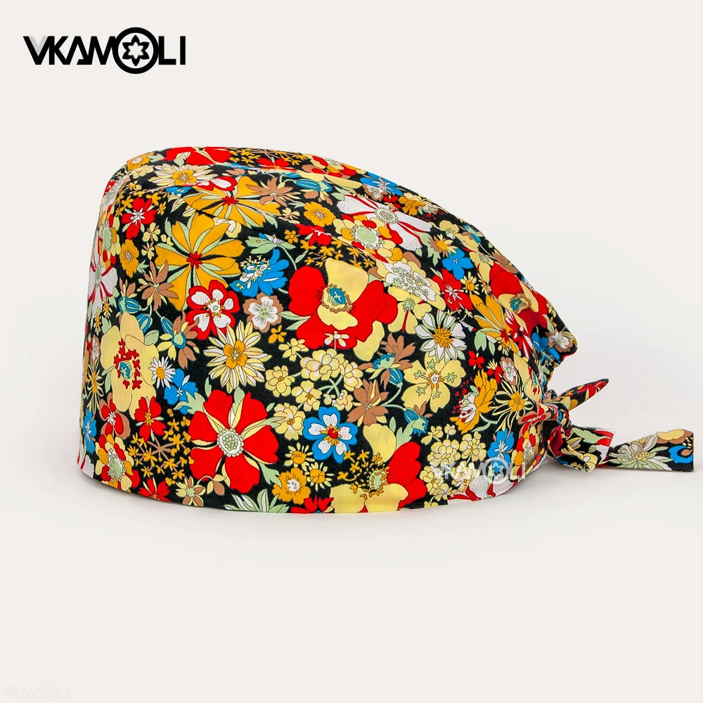 Gorros de enfermería de moda ajustables de algodón con estampado de flores Sombreros ajustables de alta calidad que absorben el sudor Gorro elástico multicolor
