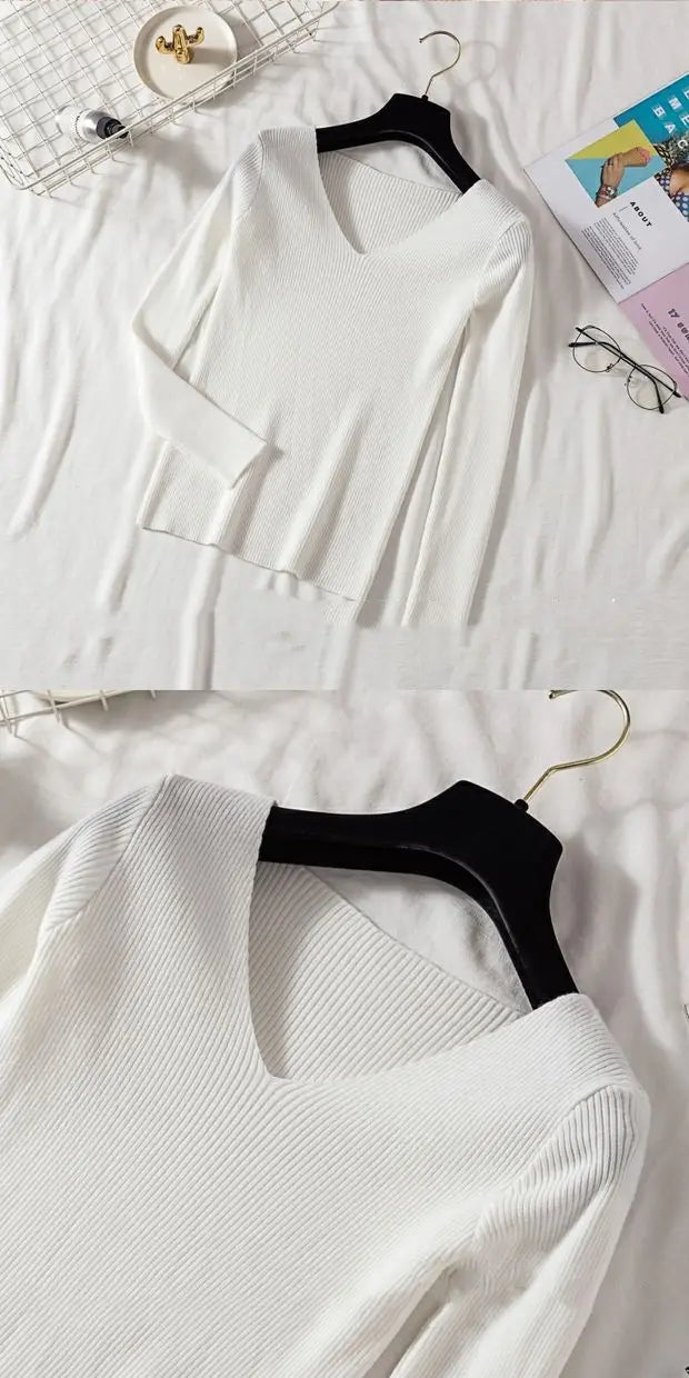 Suéter de mujer nuevo otoño invierno de manga larga jersey básico top de moda cuello en V elástico femenino invierno de punto sólido