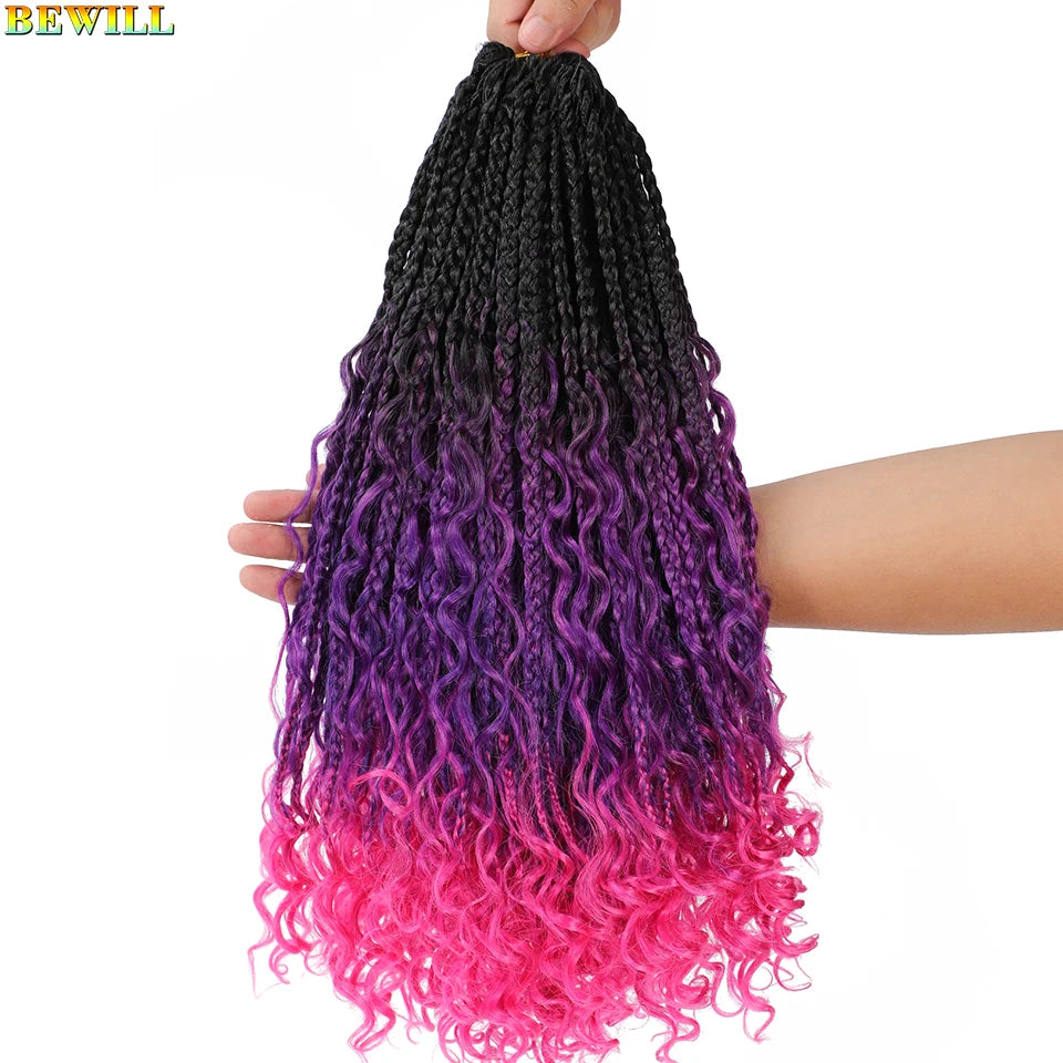 18" Long Boho Braids Extensions Goddess Box Braids Crochet Hair Black Purple Pink Synthetic Braiding Hair Bohemian Hippie Braids