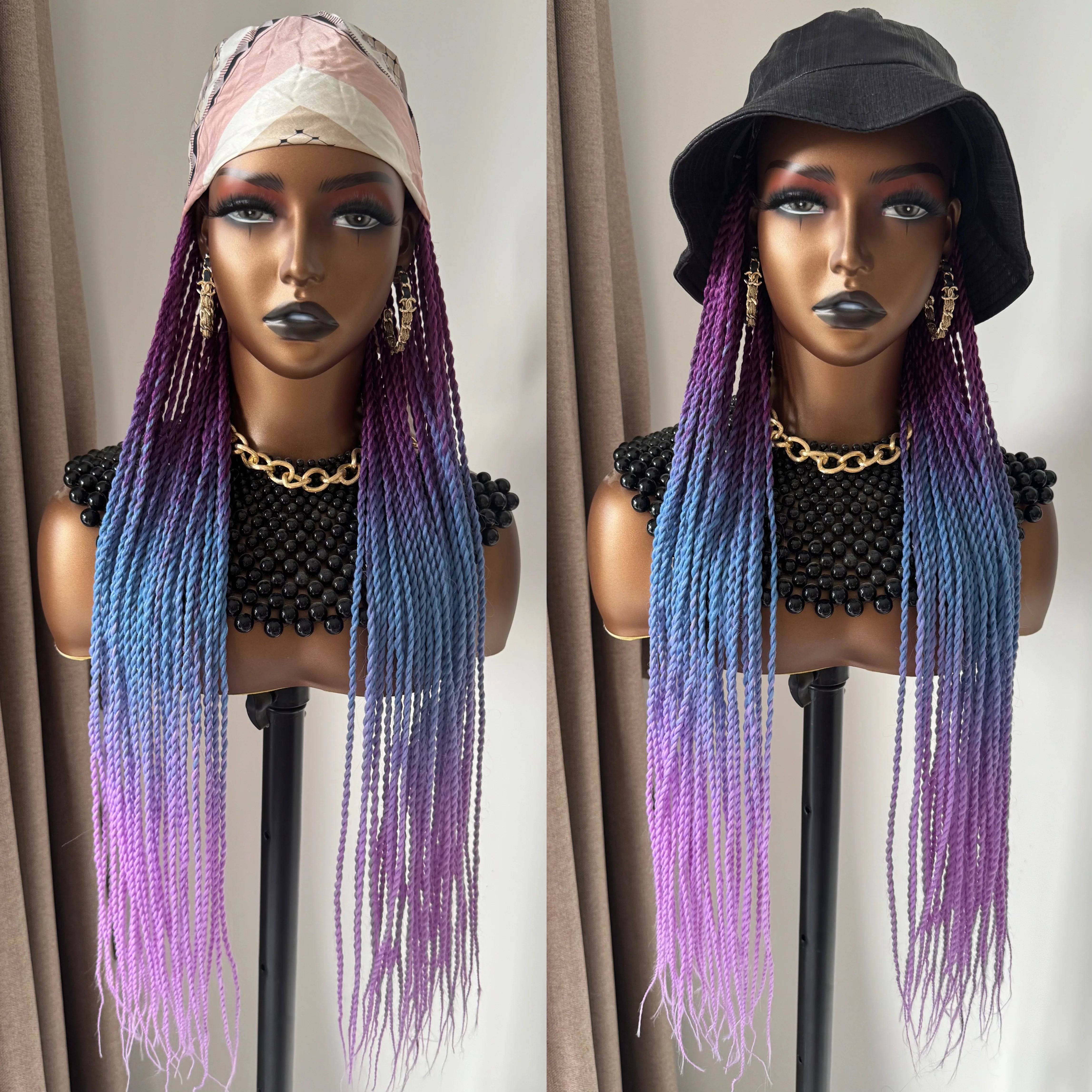 WIGERA Long 24Inch Ombre Fantasy Senegalese Twist Braided Synthetic Wig With Headband Turban Modular Design For Black Women