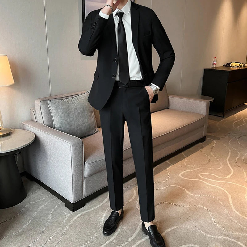 Trajes para Hombre Moda Coreana Manga Larga Ajustado Boda Negocios Blazer Negro Profesional Formal Conjuntos de Pantalones Ropa Hombre