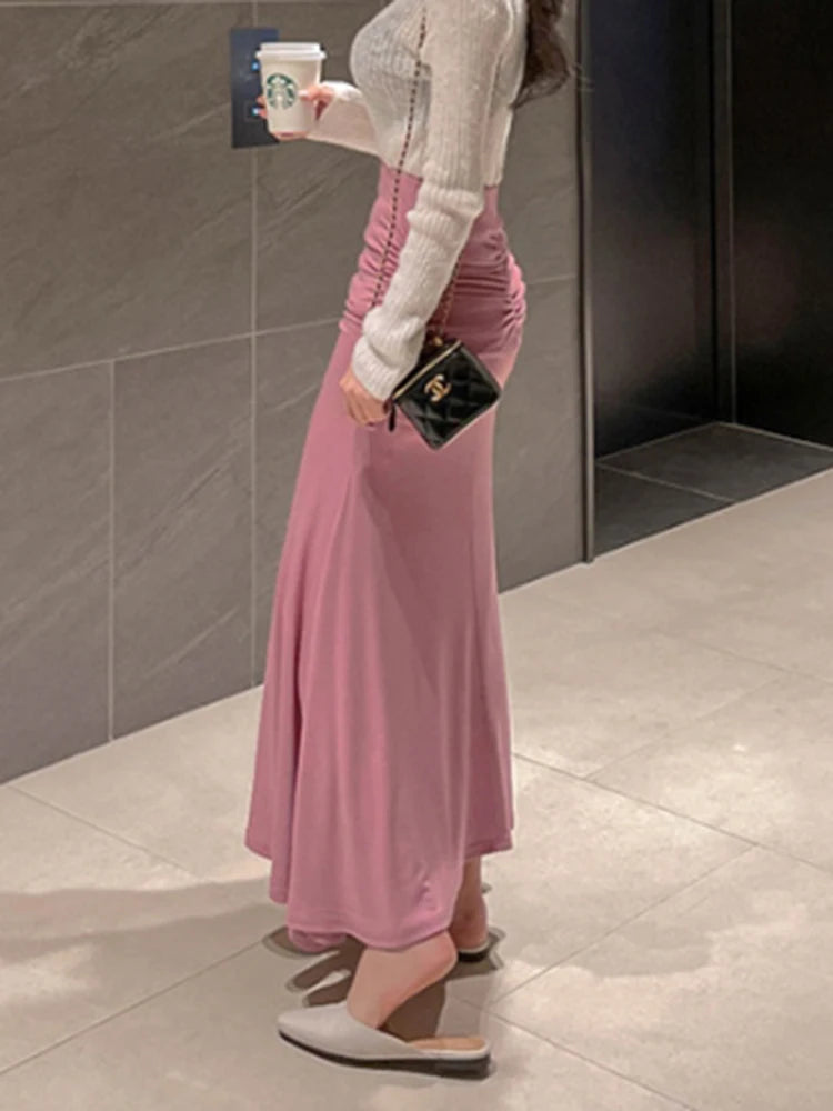 Faldas de satén fruncidas para mujer Falda de cintura alta para mujer Faldas elegantes línea A Falda midi rosa de verano Nuevo estilo coreano