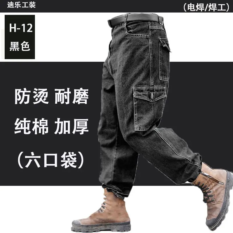 Peto pantalón ropa de hombre pantalones resistentes al desgaste anti-escaldaduras engrosamiento algodón ropa de trabajo de mezclilla pantalones de trabajo múltiples bolsillos