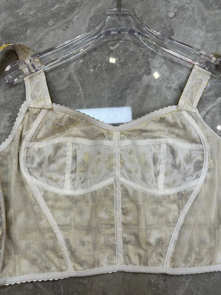 Designer Women's Cotton Corset Top & Mini Skirt Set | Yellow Porcelain Print | Summer Beach Vacation Outfit