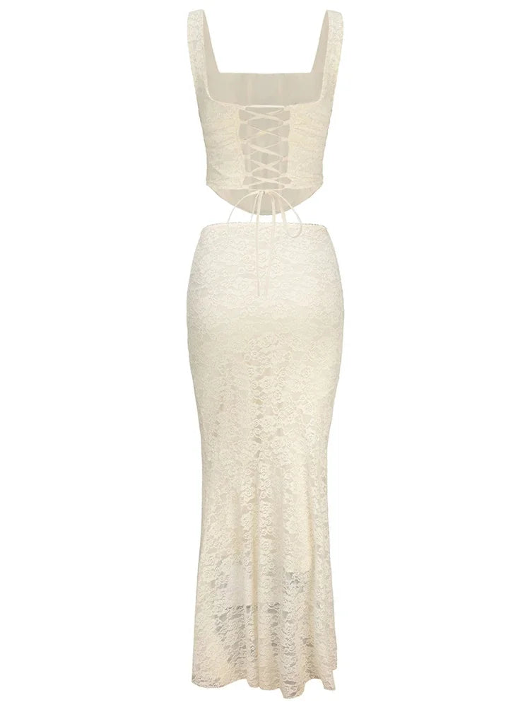 Ensemble 2 pièces jupe longue en dentelle et bandage pour femme, mode patchwork, dos nu, taille haute, élégant, à lacets