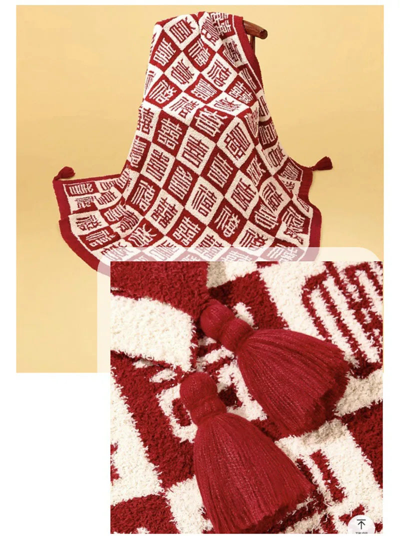 Manta de Boda de Felpa Fina Roja, Cubrecama Alegre, Manta para Sofá Multiusos que Mantiene el Calor, Pequeño Cojín de Chal para Cuatro Estaciones