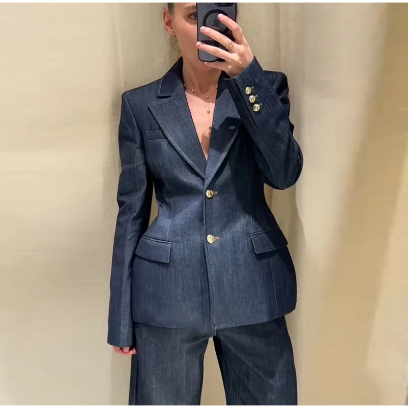 Elegante conjunto de 3 piezas de blazer de mezclilla, pantalón largo para mujer, chaqueta de traje de primavera de un solo botón, chaleco chic con cuello en V, trajes de pantalón de pierna ancha