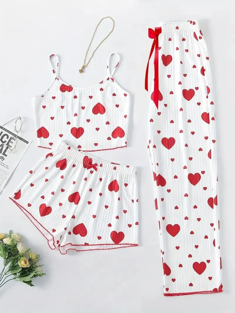 Ropa de dormir para mujer, conjuntos de pijamas de otoño e invierno, chaleco sin mangas con estampado de corazón y pantalón largo, conjunto de lencería sexy y pijamas