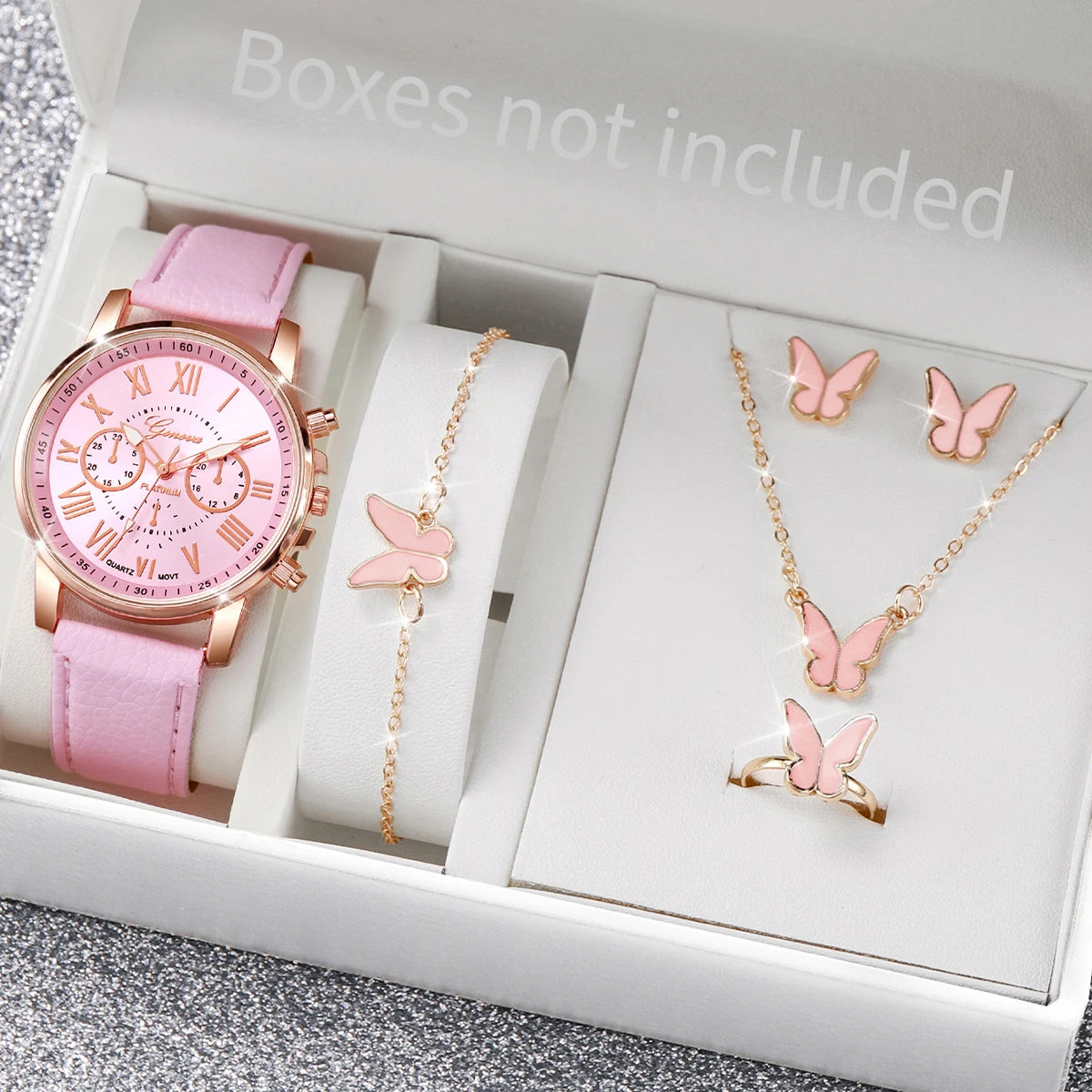 5/6PCS Reloj de cuarzo de moda para mujer, correa de cuero, relojes de pulsera analógicos, conjunto de joyas con corazón de diamantes de imitación (sin caja)