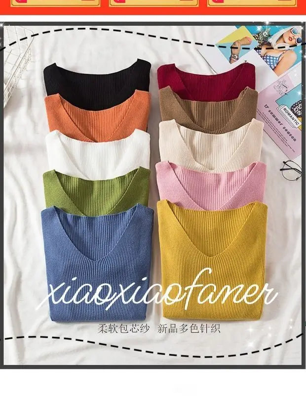 Suéter de mujer nuevo otoño invierno de manga larga jersey básico top de moda cuello en V elástico femenino invierno de punto sólido