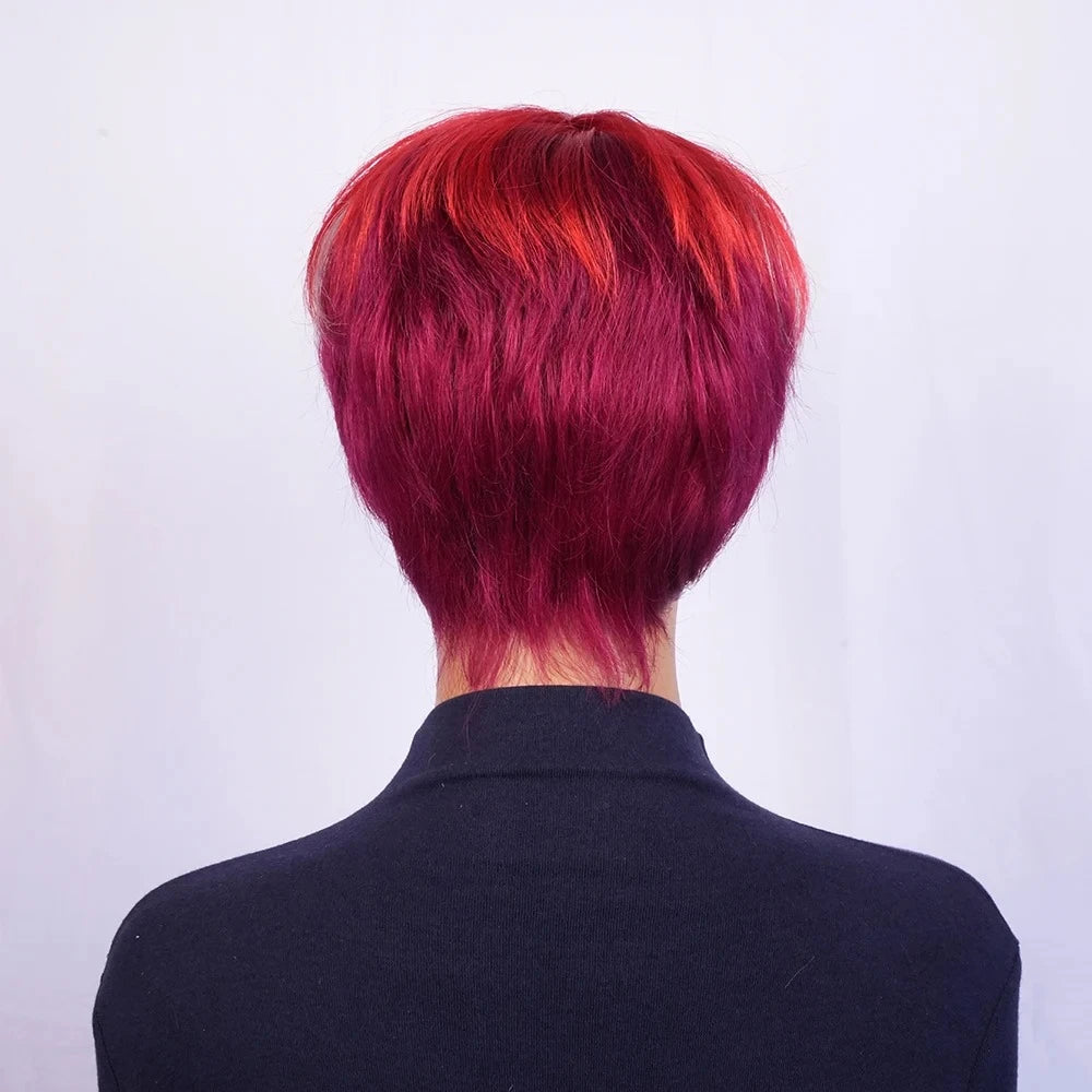  Peluca de cabello humano rubio y 99J corto Pixie, peluca lisa con gorra de red de rosa, hecha a máquina, de aspecto natural, peluca de pelo corto 