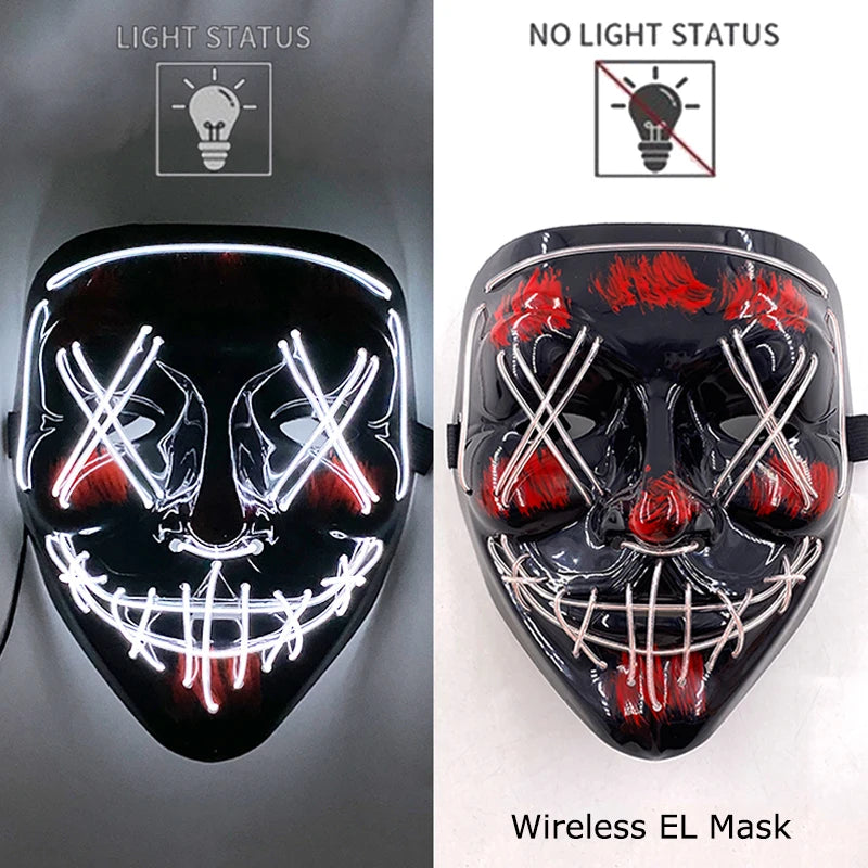 Máscara de purga LED de neón inalámbrica, que brilla en la oscuridad, máscara de cosplay de terror para Halloween, máscaras de fiesta de disfraces, accesorios luminosos divertidos