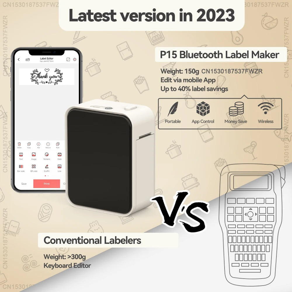 Imprimante d'étiquettes Pristar P15, mini-étiqueteuse portable sans encre Bluetooth, similaire à l'étiqueteuse D30 D11 D101 D110, imprimante thermique
