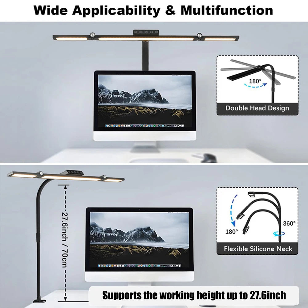 Lámpara de escritorio LED de oficina para el hogar, doble cabezal, atenuación continua, luces de lectura que cuidan la vista, 3 modos de color, lámparas de mesa de PC ajustables y flexibles