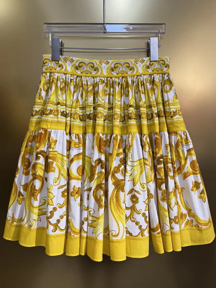 Designer Women's Cotton Corset Top & Mini Skirt Set | Yellow Porcelain Print | Summer Beach Vacation Outfit