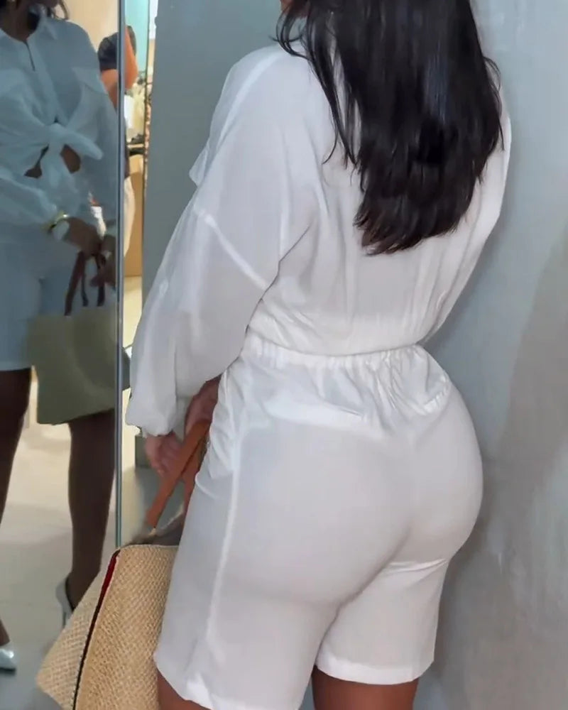 Traje de camisa de manga larga y pantalones cortos elegante sólido para mujer Nuevo traje de 2 piezas para mujer de moda elegante informal de oficina de verano