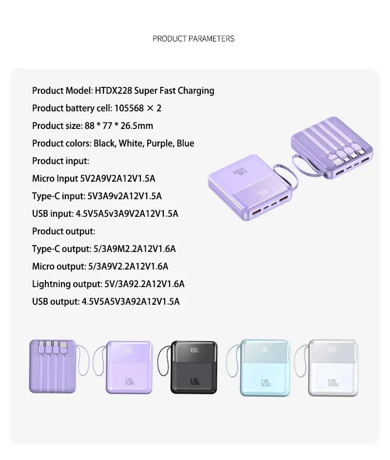 Bærbar powerbank 50000mAh 120W superrask lading mobil eksternt batteri med fire kabler lader egnet for iPhone Xiaomi