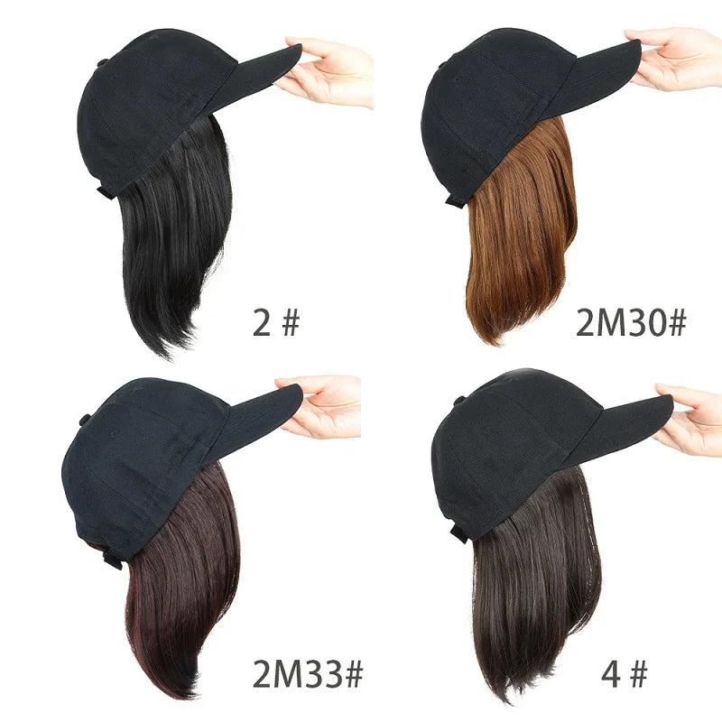 Extensions de Cheveux en Casquette de Baseball Synthétique 12 Pouces, Perruque Chapeau Réglable Bob Court et Droit, Facile à Porter pour Femmes, Quotidien ou Fête