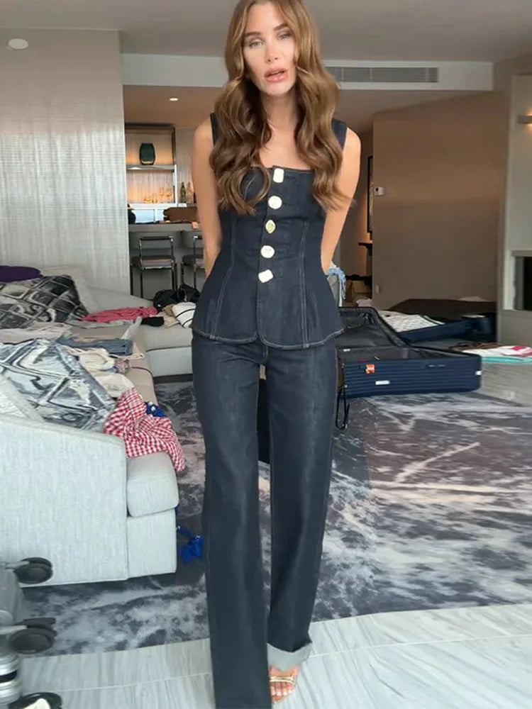 Women Vintage Denim Top Pant Set Square Collar Single Breasted Tank High Waist Jeans Female Sets 2025 Fashion Y2k Denim Outfits