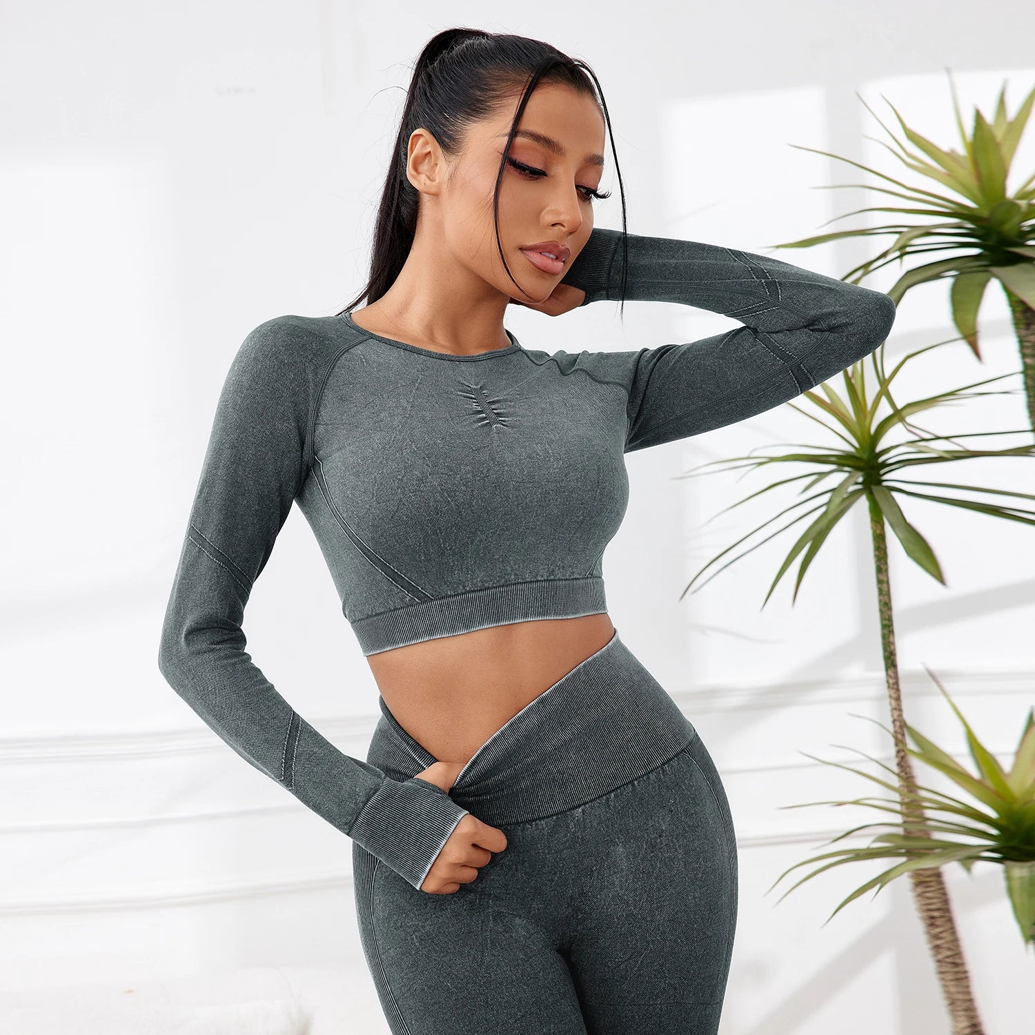 2PCS Sets Women Outfit High Waist Gym Sexy Sport Wash Pants Sets Running Outdoors Skinny