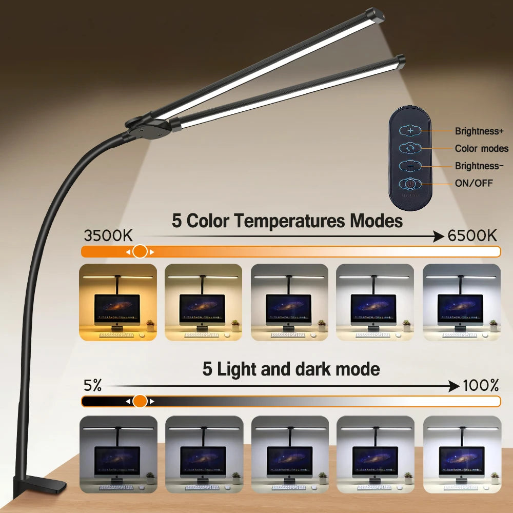 Lámpara de Escritorio LED de Uno o Dos Cabezales con Atenuación Continua, 3 Colores, Cuidado Ocular para el Hogar, Oficina, Luz de Lectura, Lámpara Flexible Ajustable