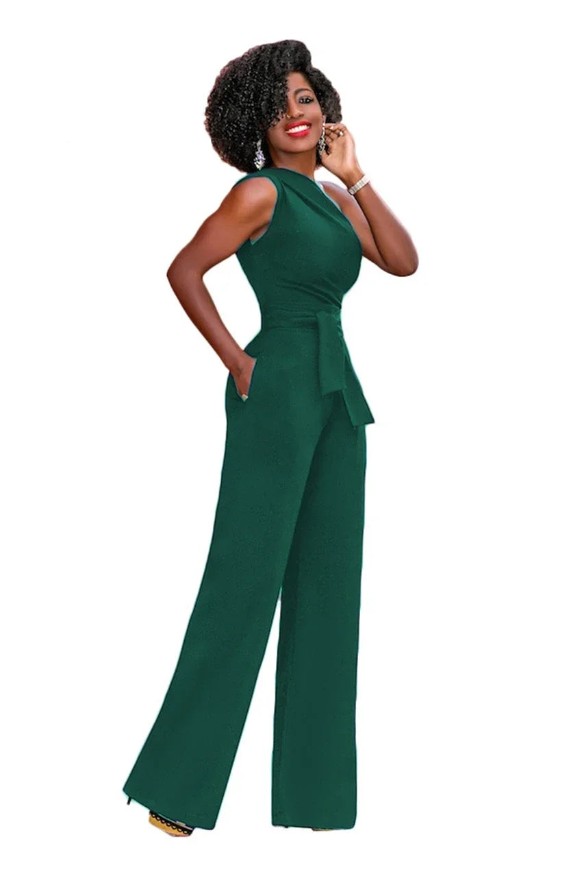 Damejumpsuit Ensfarget Skjev Krage Avskåret Topp Rette Bukser Belte Sexy Ermeløs Løse Bukser Elegant Sjarmerende Playsuits