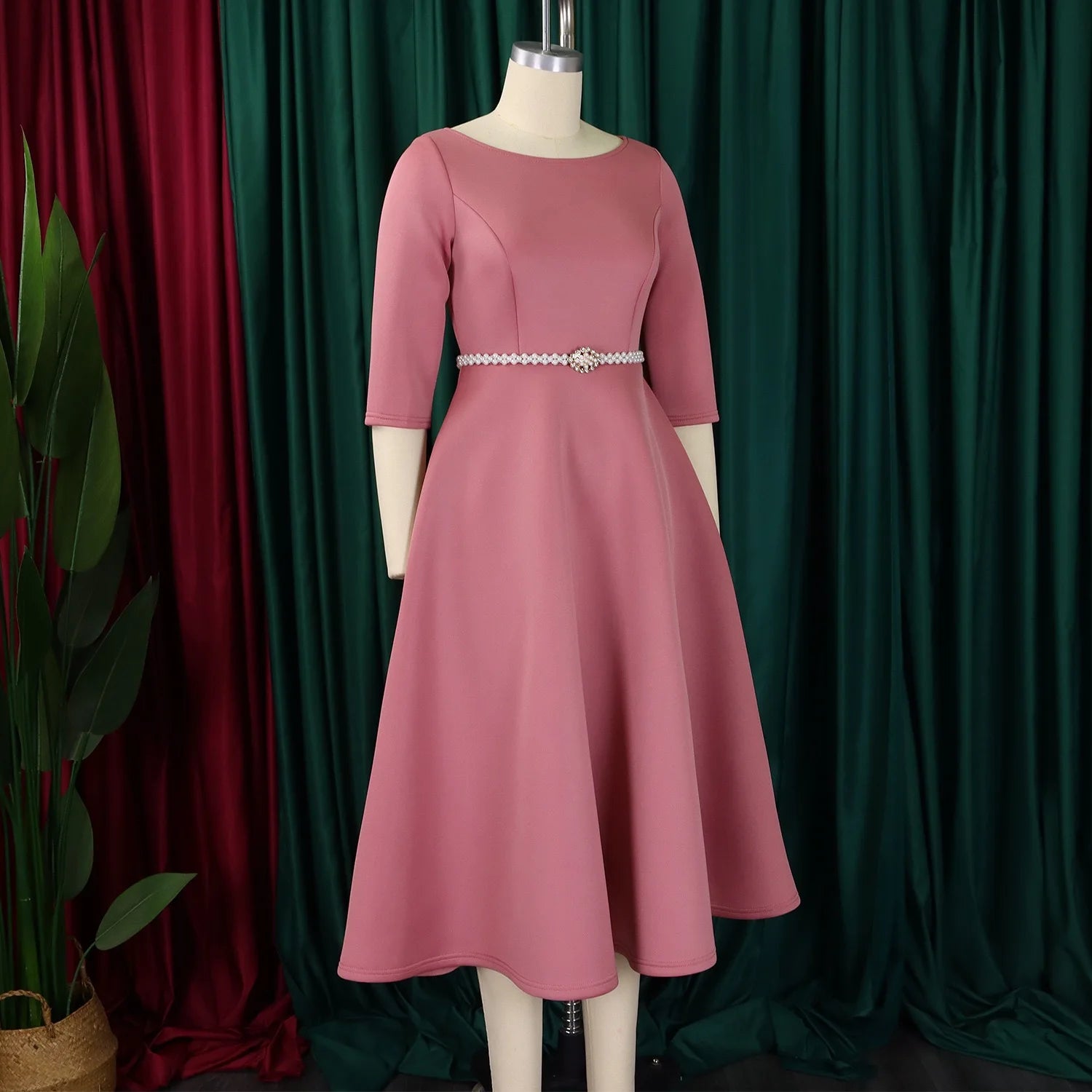 Vestidos de lujo para mujer, cuello redondo, manga larga, con cinturón en la cintura, cintura alta, plisados, línea A, hasta el tobillo, elegantes vestidos de cumpleaños para mujer