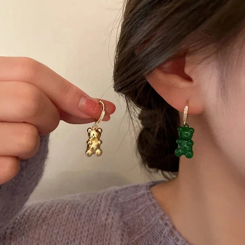 Pendientes colgantes de oso de gominola de acrílico bonitos para mujer, pendientes de aro de oso arcoíris CZ, joyería dulce de niña, moda coreana 2022