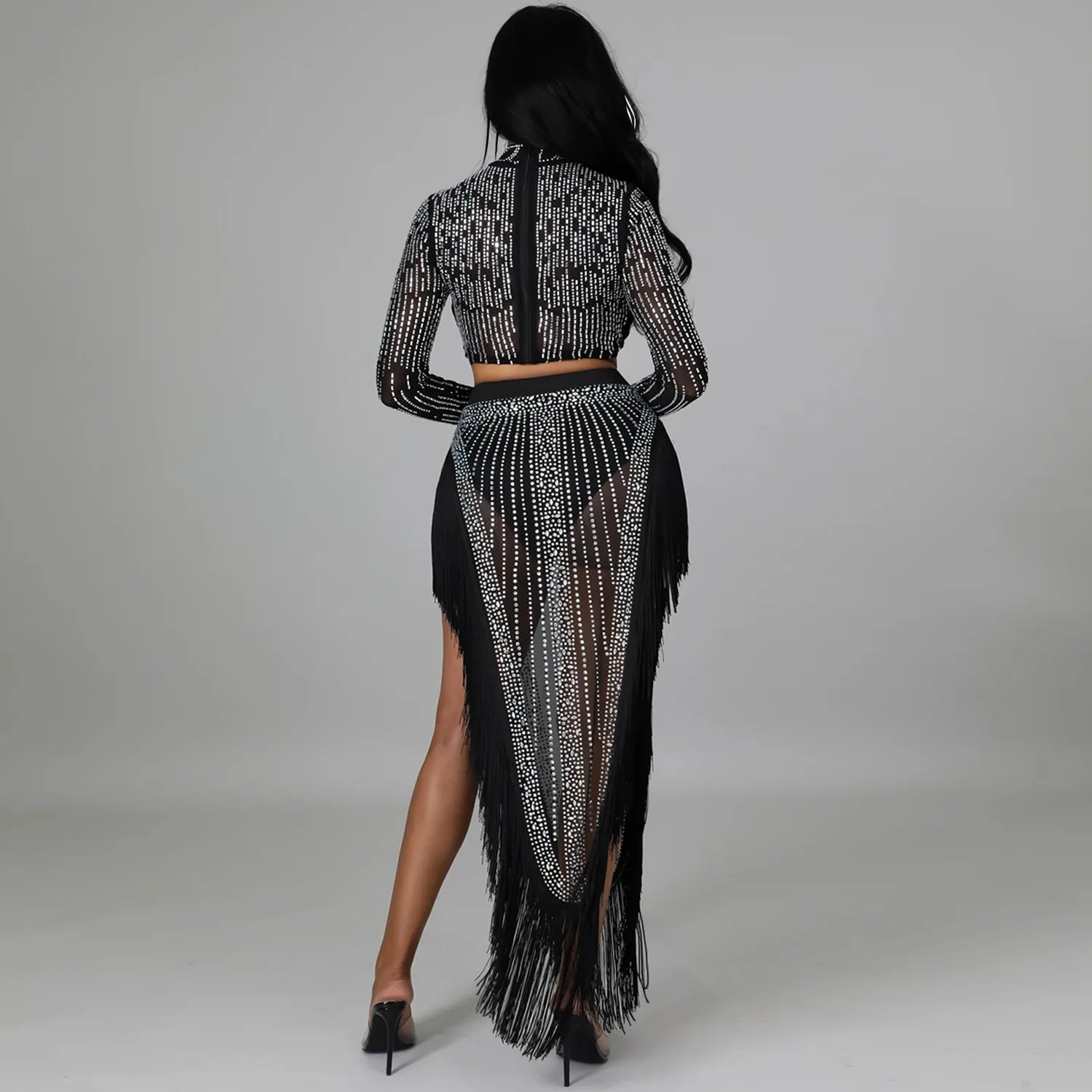 Skirt Set Women Two Piece Sets Dress Sets Mock Neck Matching Set Diamond Short Tops Party High Waist Long Skirts Sexy Hot Tassel