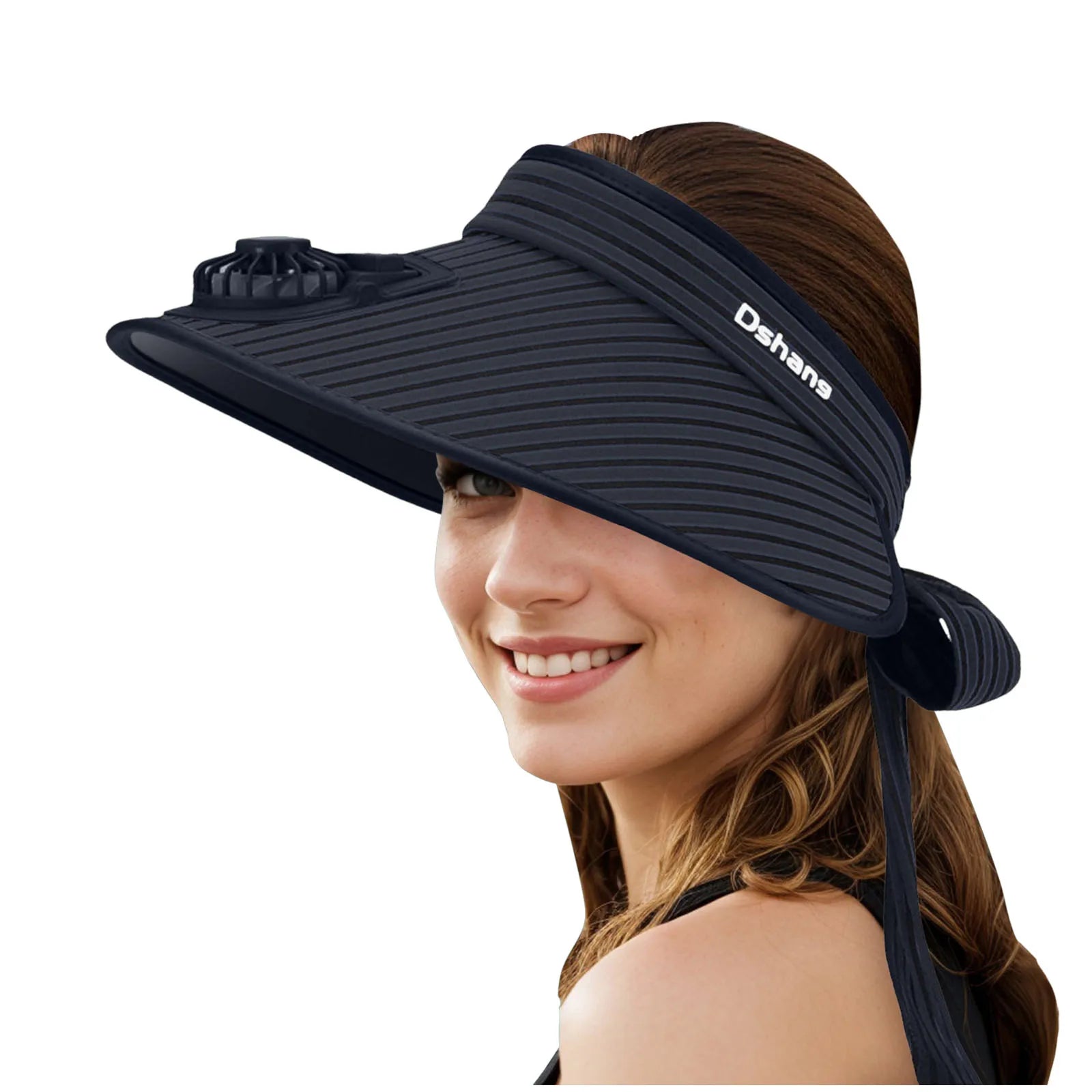 Gorro de sol con ventilador solar para mujer, moda, rayas, parte superior vacía, sombrero de verano con ventilador, visera bonita con tiras y lazo, sombreros de playa para exteriores