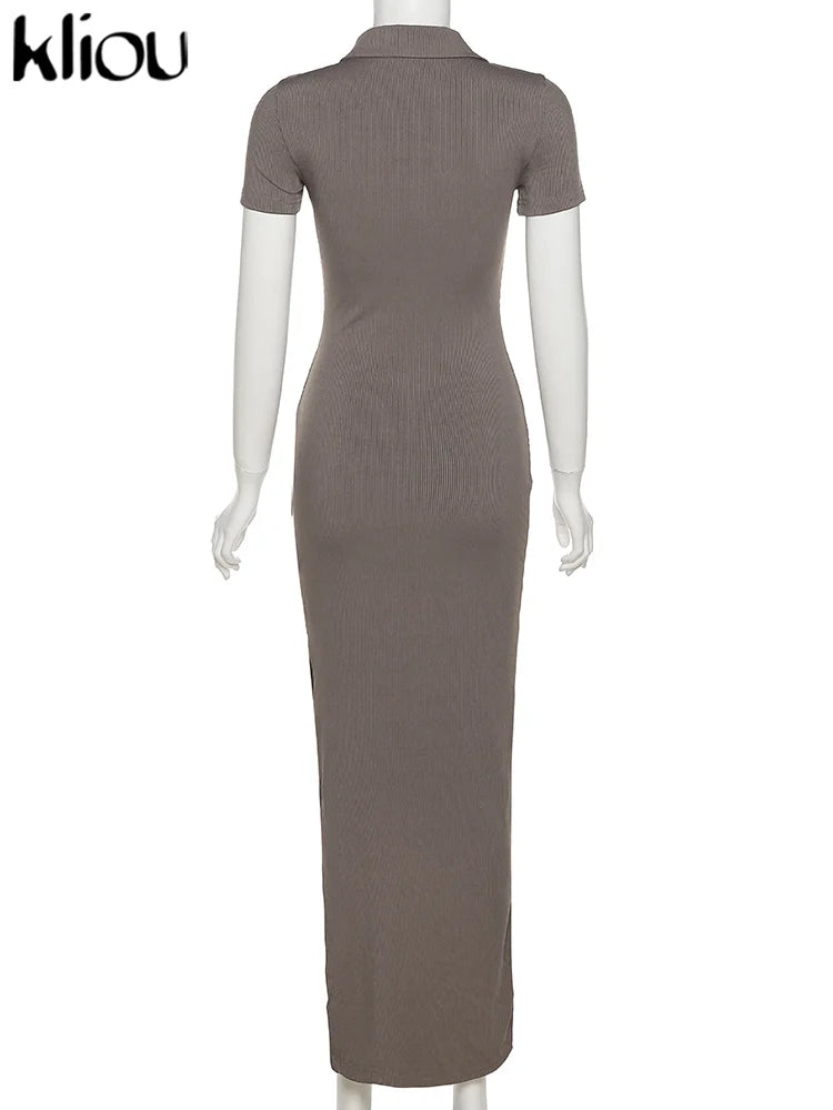 Kliou Elegante Vestido Largo de Oficina para Mujer Color Liso Cuello Vuelto Manga Corta Botones Abertura Lateral Moldeador de Cuerpo Estilo Urbano