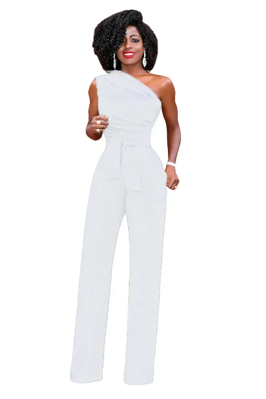 Damejumpsuit Ensfarget Skjev Krage Avskåret Topp Rette Bukser Belte Sexy Ermeløs Løse Bukser Elegant Sjarmerende Playsuits