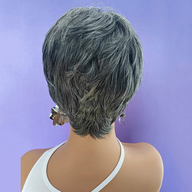 New for Summer Short gray Synthetic wig for women classic gray hairstyle pixie hair wig to mother US
