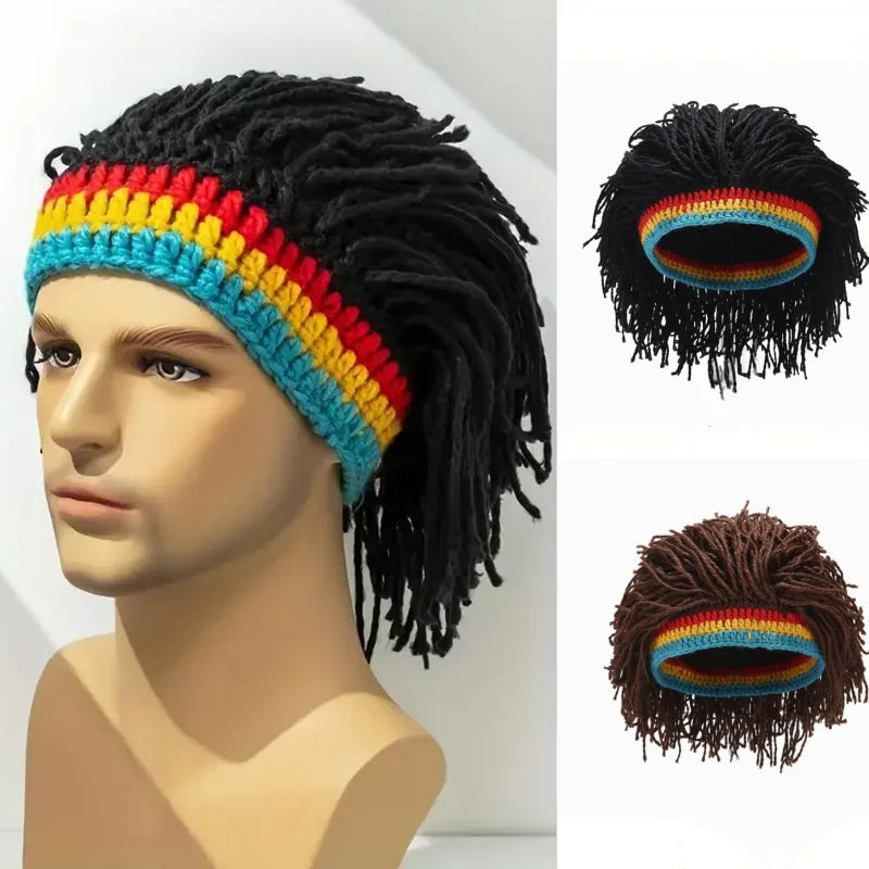 African Men Women Jamaican Braid Wig Knitted Hat Handmade Dreadlocks Hair Synthetic Wig Halloween Cosplay Party Wig Headwear