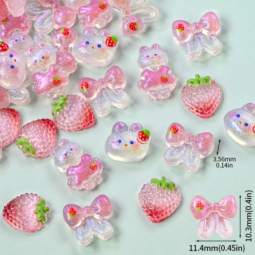 50pcs Kawaii Strawberry Rabbit Bow Nail Charms Glitter Pink Bowtie Ribbon Bunny Nail Rhinestones Resin Cartoon Rabbit Nail Parts