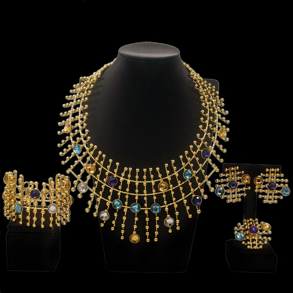 Juego de joyas de oro de 24 quilates para mujer, collar, cadena, pendientes, brazalete, anillo, con piedras multicolor