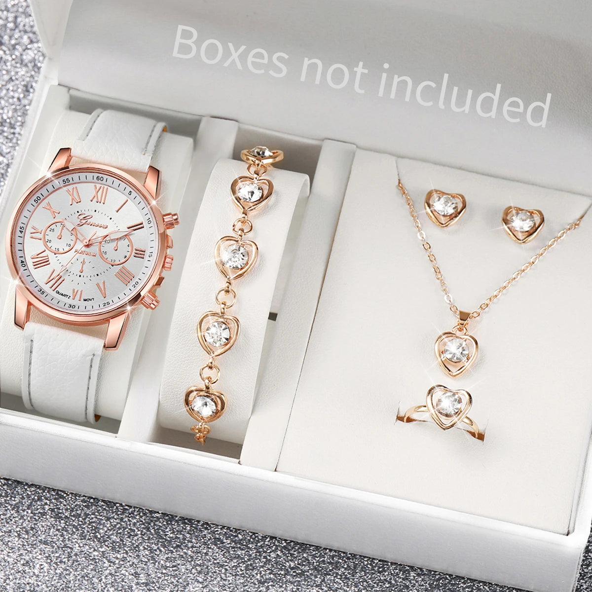 5/6PCS Reloj de cuarzo de moda para mujer, correa de cuero, relojes de pulsera analógicos, conjunto de joyas con corazón de diamantes de imitación (sin caja)