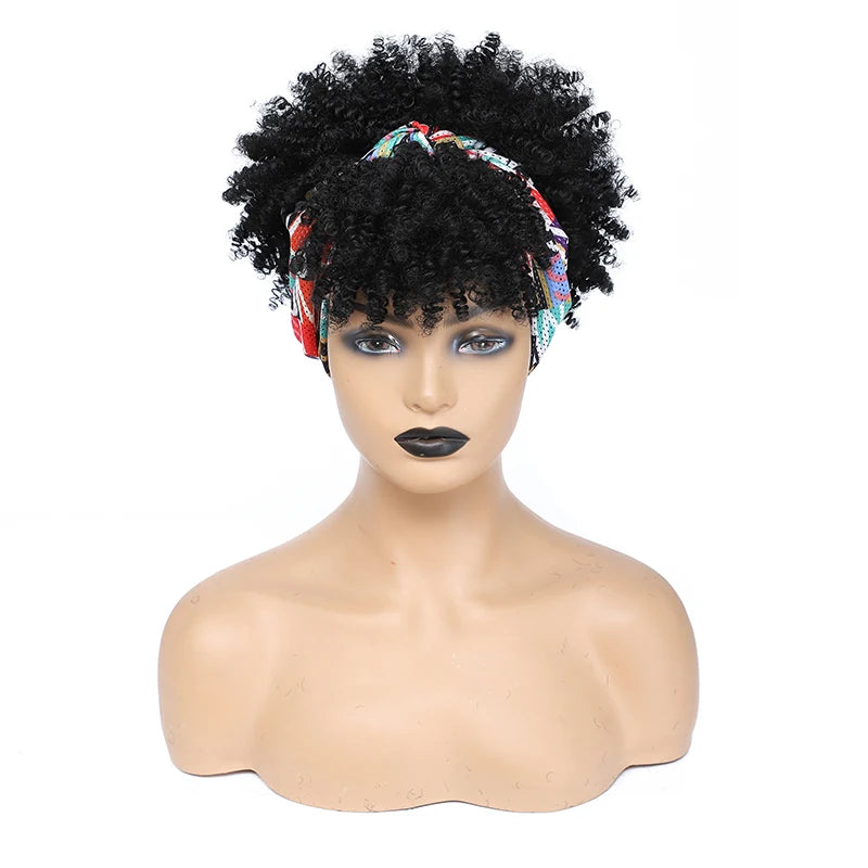 Afro Curly Headband Wigs Short Kinky Curly Wigs with Headbands Attached Scarf Wig For Women Synthetic Afro Puff Wigs with Bangs
