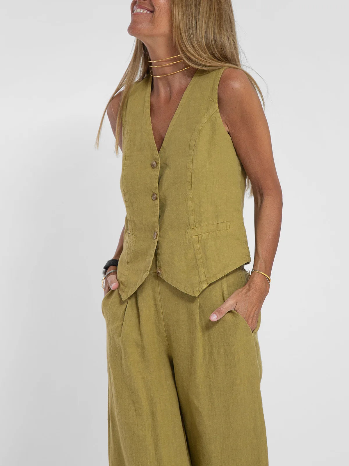 Conjuntos de chaleco y pantalón de moda para mujer, de algodón liso, traje informal, top sin mangas con botones de patchwork + pantalones, conjunto de 2 piezas para la oficina