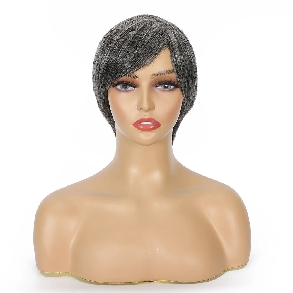Short Ombre Grey Wig Human Hair Salt and Pepper Human Hair Wigs for Women Short Pixie Wig with Bangs Gray Machine Made Wigs
