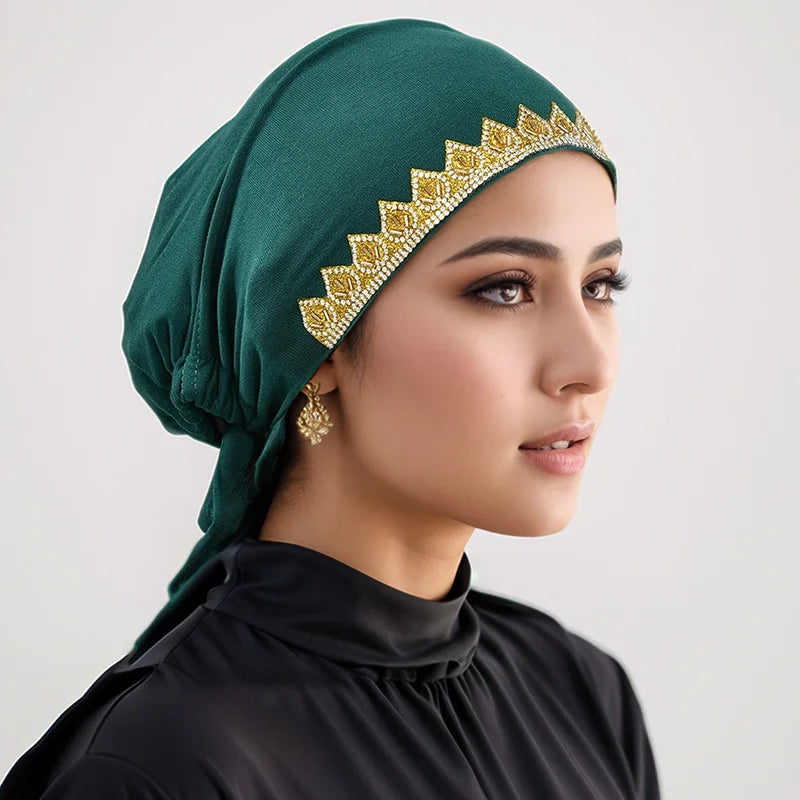 Gorros elásticos con pedrería dorada brillante para mujer, gorros musulmanes con lazo en la parte trasera, hijabs interiores, turbante, gorro con estampado de hojas en caliente, bajo la gorra de diamantes, jersey